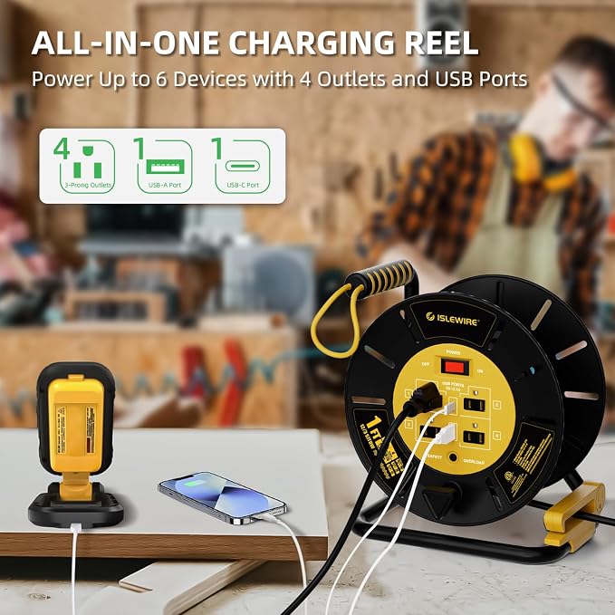 Extension Cord Storage Reel with 4-Grounded Outlets & 2 USB Ports, Heavy Duty Open Cord Reel for 12/3,14/3,16/3 Gauge Power Cord, Hand Wind Retractable, 15A Circuit Breaker, ETL Listed, Yellow