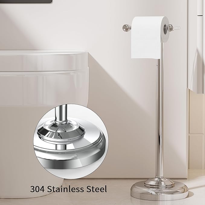 Toilet Paper Holder Stand, Toilet Paper Holder Free Standing,Post Pivoting Design & Stable Weighted Base SUS304 Stainless Steel for Bathroom (Chrome)