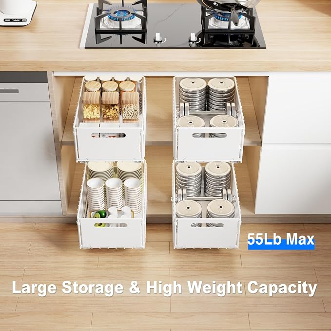 Mustorn 2 Pack Pull Out Cabinet Organizer, Slide Out Drawers for Cabinets, Peel and Stick, Heavy Duty Shelves for Kitchen, Cupboard, Pantry, Bathroom (14.76" D*9.65" W*7.87" H-White)