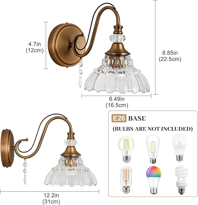 1 Piece Vintage Wall Sconce, 1-Light Matte Antique Brass Finish Wall Sconce with Hanging Crystal Accents and Flower-Shaped Clear Shades for Bathroom Bedroom Living Room,Vintage Vanity Light