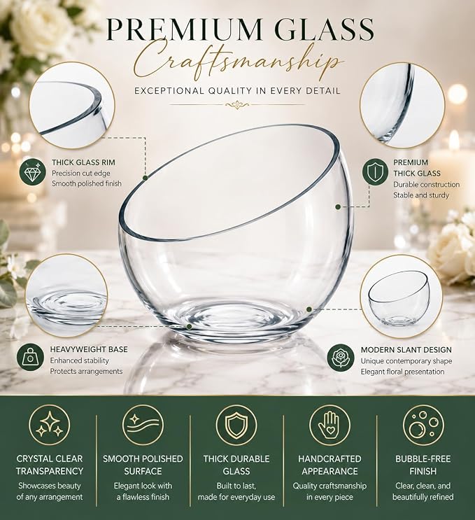 Slant Cut Bowl Glass, Glass Fish Bowl Vase, 6" Height x 7" Width Fruit Jar, Candy Dish, Clear Terraium, Flower Centerpiece