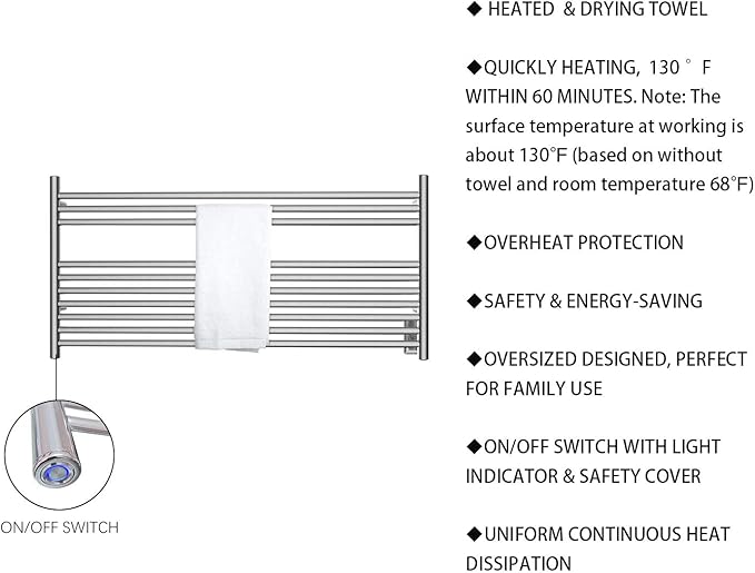 HEATGENE Towel Warmer 10 Bar Towel Dryer Wall-Mounted Plug-in Bath Towel Heater - Brushed