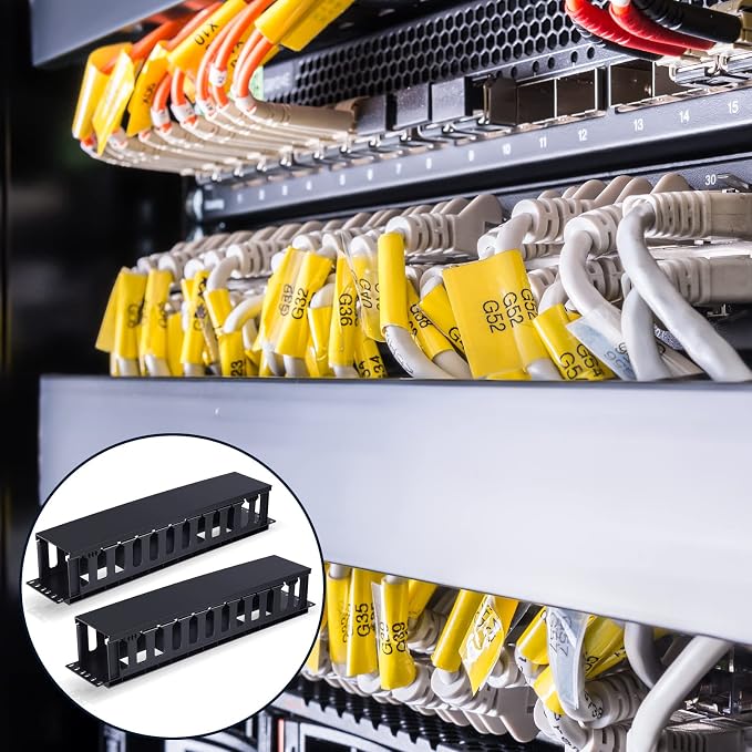 Taiyin 4 Pcs 2u 19 Inch Horizontal Cable Management Panel, 12 Slot Rack Cable Organizer with Removable Cover for Server & Network Rack