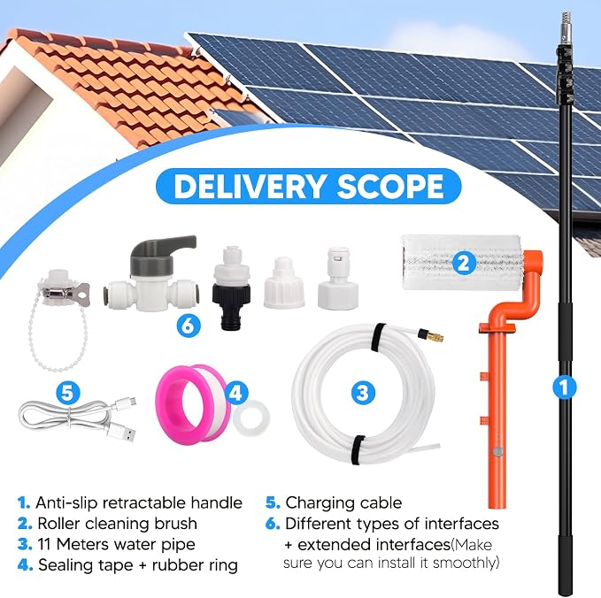 Electric Solar Panel Cleaning Brush and Pole, 20FT Telescopic Cleaning Roller Brush with Water Fed Pole，2 Hours Runtime, 2 Spin Speeds, for Solar Panlel, Outside High Window, Roof (Orange)