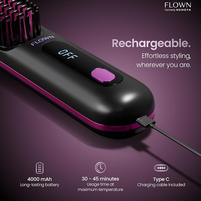 FLOWN® Original Go Brush PRO [Five Minutes Hair Styling Routine] - No Damage Heat Brush with USB-C Charger - Electric Travel Pocket Brush for All Hair Types - Black (Formerly Numoya)