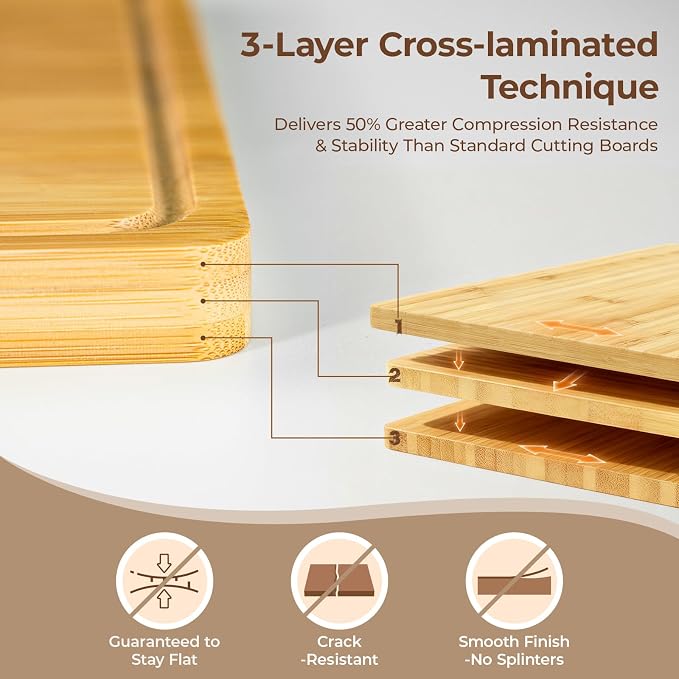 Large Bamboo Cutting Boards Set of 4 for Kitchen, Bamboo Charcuterie Chopping Board with Holder Non Slip, Steak Serving Tray with Juice Groove, Big Butcher Block for Cheese, Ideal for Gift