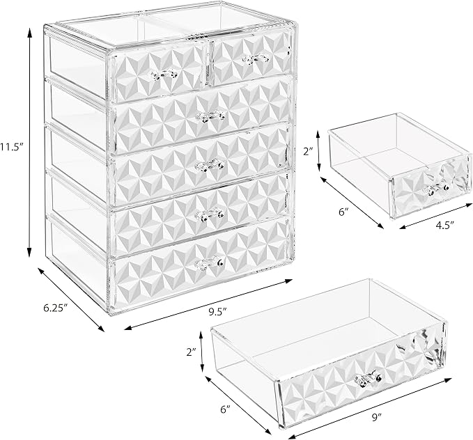 Sorbus Acrylic Makeup Organizer Set, 6-Drawer Vanity & Countertop Cosmetic Storage with Small & Wide Drawers, Diamond Makeup Storage for Brushes, Lipsticks, Jewelry – Holiday Gift for Women & Teens