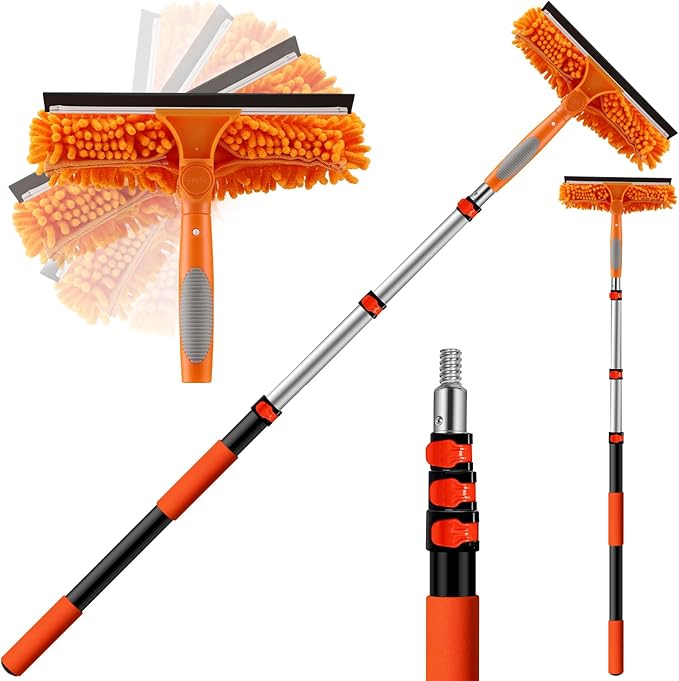 20ft High Reach Window Squeegee with 12ft Heavy-Duty Extension Pole, 2-in-1 Telescopic Window Washer & Squeegee, Washable Streak-Free Window Cleaning Kit for Indoor/Outdoor High Windows