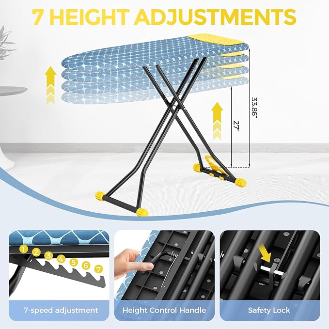 APEXCHASER Ironing Board with Iron Rest, Compact and Space Saver Iron Board, Extra Thick Cover, Height Adjustable, Wall Mount & Closet Hanger 13x43 Yellow