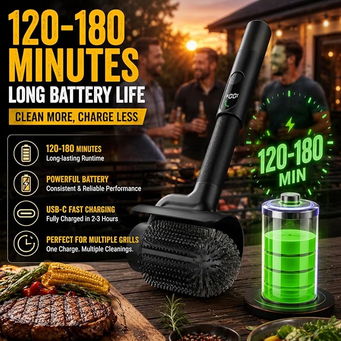 Electric Grill Brush for Outdoor Grill, Cordless Rechargeable BBQ Cleaner, Upgraded Giddyup Style 2-Speed Rotary Barbecue Scrubber, High Torque Battery Operated Power Grill Cleaning Brush