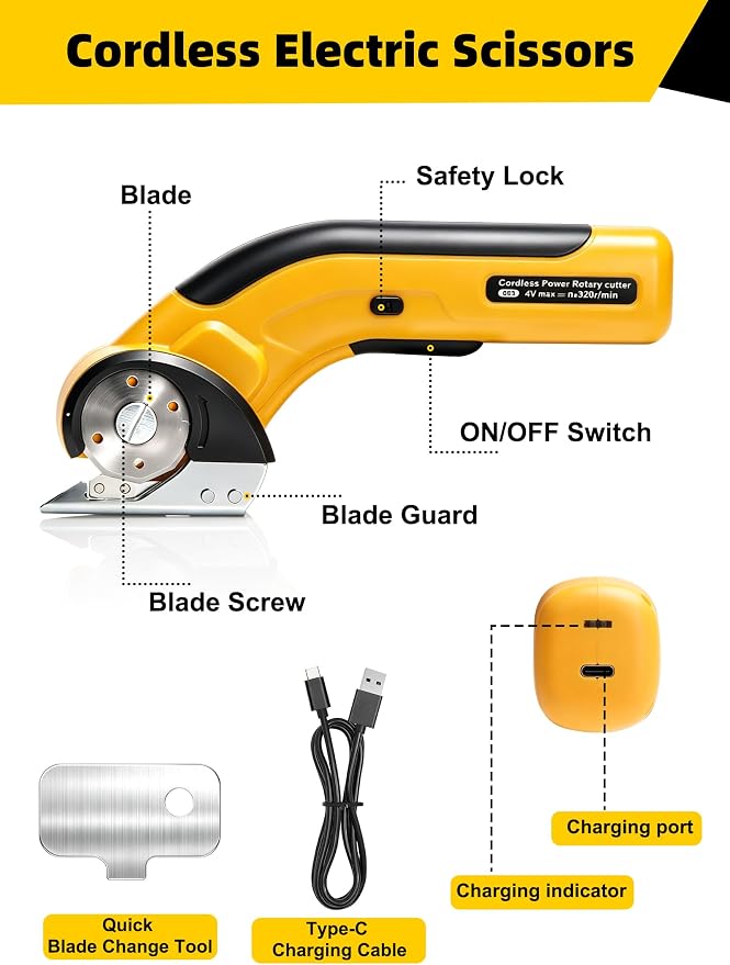 Cordless Electric Scissors,Rechargeable Cardboard Cutter, 4V Upgrade Electric Box Cutter with Safety Lock & LED Light, Powerful Cutting for Cardboard Box, Plastic, Leather（Yellow）
