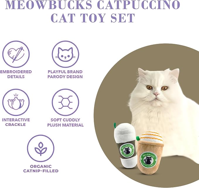 Haute Diggity Kitty Meowbucks Catpuccino Set, Plush Cat Toys Catnip Filled with Interactive Crackle Sound, Safe & Durable Toys for Cat & Kitten, 2 Pcs