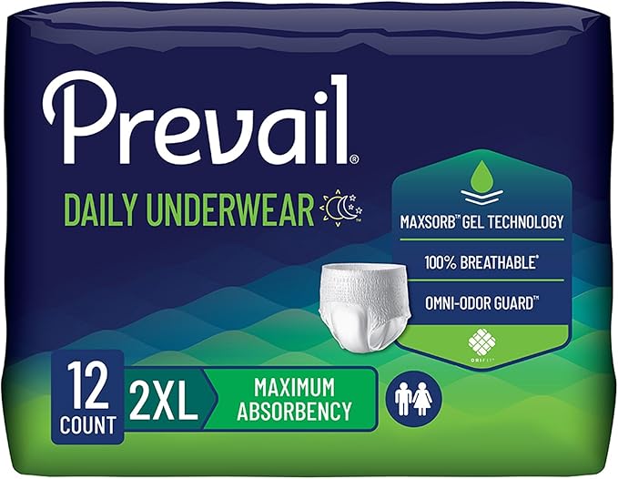 Prevail Daily Protective Underwear, Unisex Disposable Adult Diaper for Men & Women, Maximum Absorbency, XX-Large, 12 Count Bag