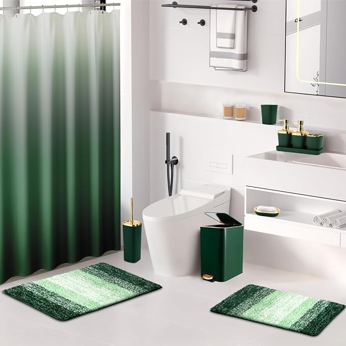 Bathroom Sets with Shower Curtain and Rugs Bathroom Accessories Set Dark Green Bathroom Set,Soap Dispenser & Toilet Brush Holder Set with Stainless Steel Trash Can(23 PCS)