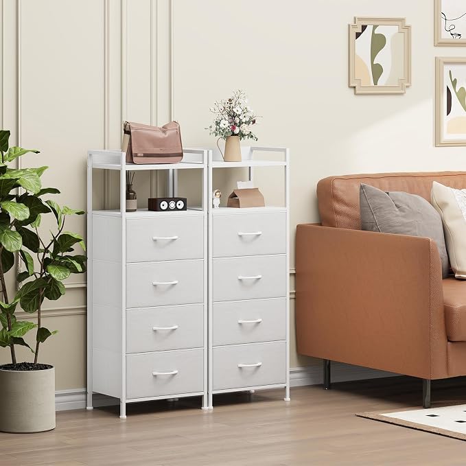 Somdot White Nightstand with 4 Drawers, Vertical Storage Tower Fabric Dresser for Bedroom, Bedside Table Furniture, Sturdy Steel Frame, Wooden Top & Easy Pull Fabric Bins