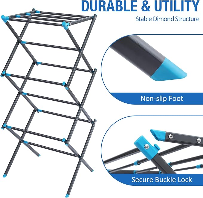 APEXCHASER Oversize Clothes Drying Rack, 3-Tier Drying Rack Clothing, Expandable Metal Laundry Drying Rack, Air Drying Rack, No Install, 24lb Capacity, 14.9" D x 29.3" W x 39.3" H, Graphite
