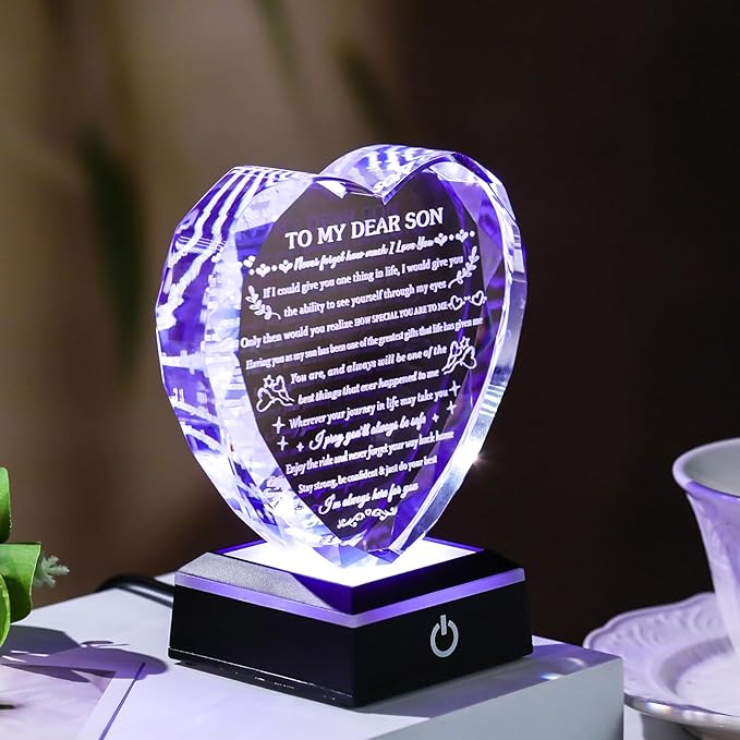 Arikyrist Meaningful Son Gifts with Coloful LED Base Inspirational to My Son Crystal Keepsake for Graduation Birthday Gifts for Adult Sons from Mom Dad on Fathers Day Christmas Valentines