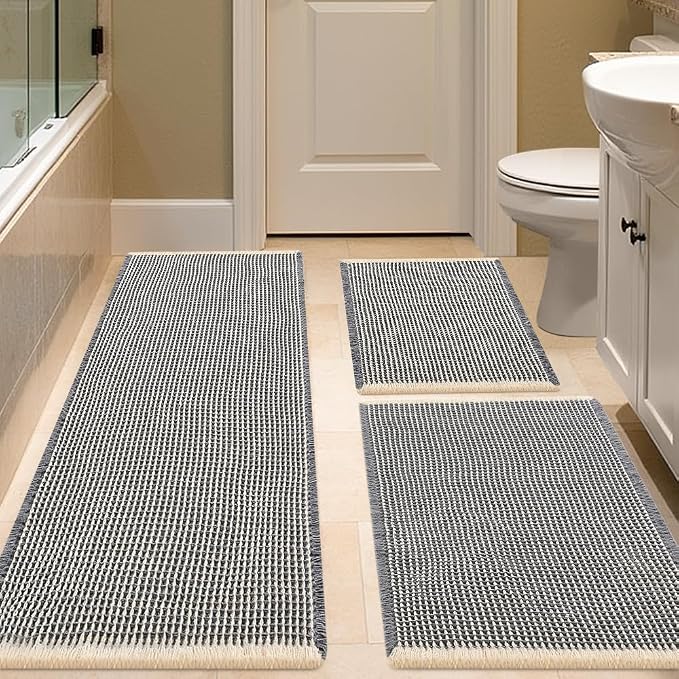 IM HOME Waffle Bath Mat Set 3 Piece Grey & Beige,Woven Modern Bath Rug Mats, Absorbent Non Slip Bath Floor Mat, Soft Washable Boho Bath Rugs with Tassels for Bathroom, Bedroom, Kitchen, Tub