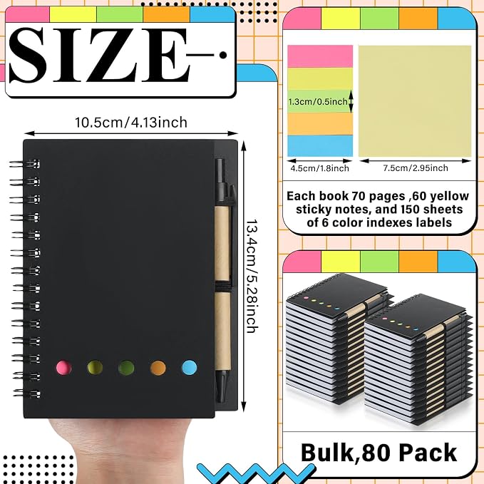 Qilery 80 Pack Lined Spiral Notebook Small Notepad and Pen Set Steno Pads Lined Notepad Black Pocket Notebook for Business Office School Supplies