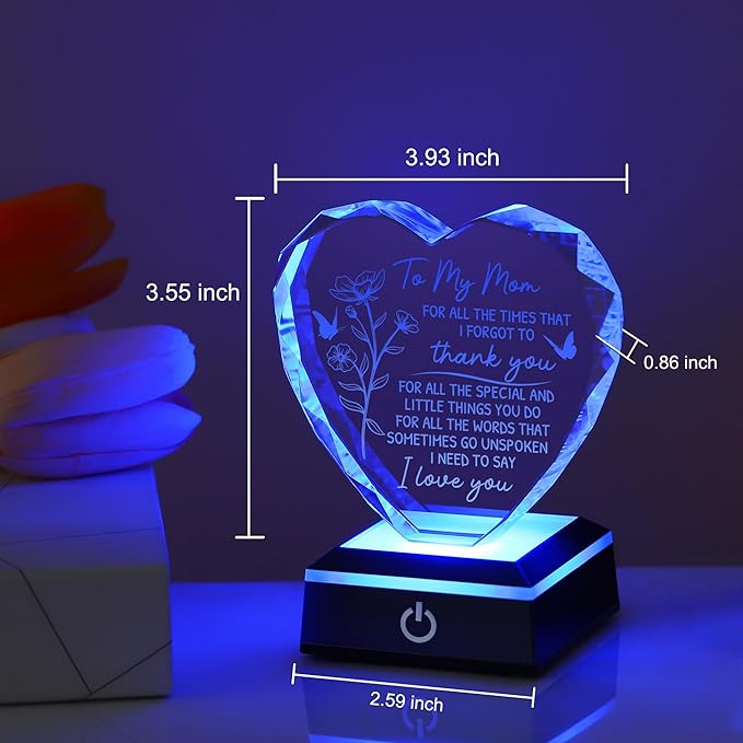 ZHSHWAT to My Mom Crystal Heart Keepsake, Engraved Crystal Gifts for Mom from Son Daughter, LED Color Changing Light Base Plaque for Mother's Day Christmas Birthday Gifts