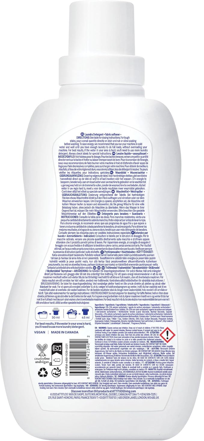 ATTITUDE 2-in-1 Laundry Detergent & Fabric Softener, Plant- & Mineral-Based, HE Compatible, Vegan, Mountain Essentials, 35 Loads, 35.5 Fl Oz