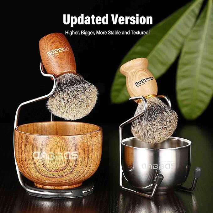Anbbas Pure Badger Hair Shaving Brush Wood Handle and Large Soap Bowl with Stainless Steel Shaving Stand 3in1 Kit for Men