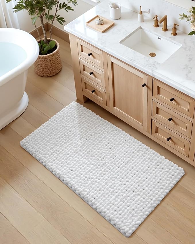 DEXI Bathroom Rugs 43x24, Non Slip Washable Bath Mat, Luxury Chenille Super Absorbent Ultra Thick Bathmats for Shower Floor, Plush Fluffy Shaggy Carpet for Tub, White