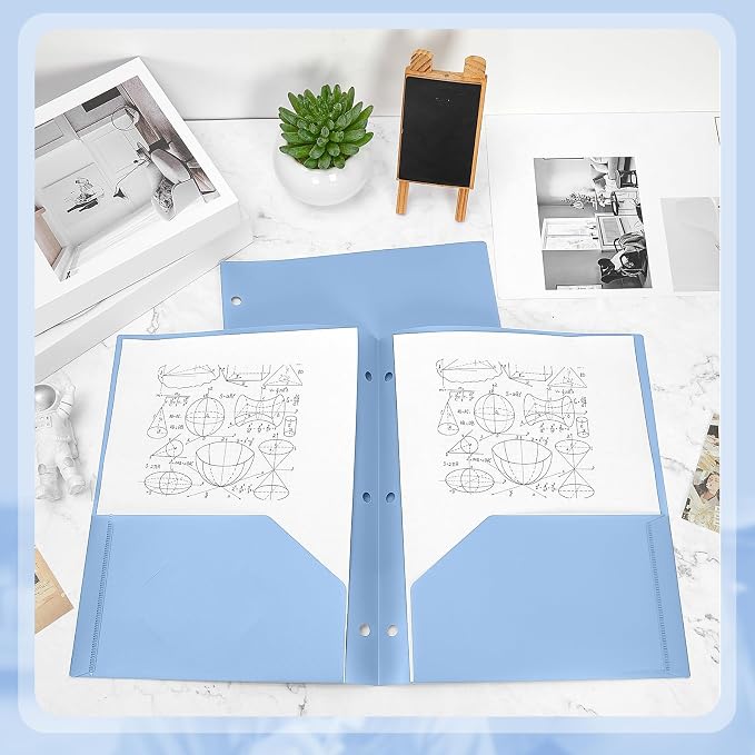 Yeaqee 100 Pcs Plastic Folders with Pockets Bulk 3 Hole Punched 2 Pocket File Folders for 3 Ring Binder Divider Folder for Notebooks, Durable Poly for Office Home (Haze Blue)