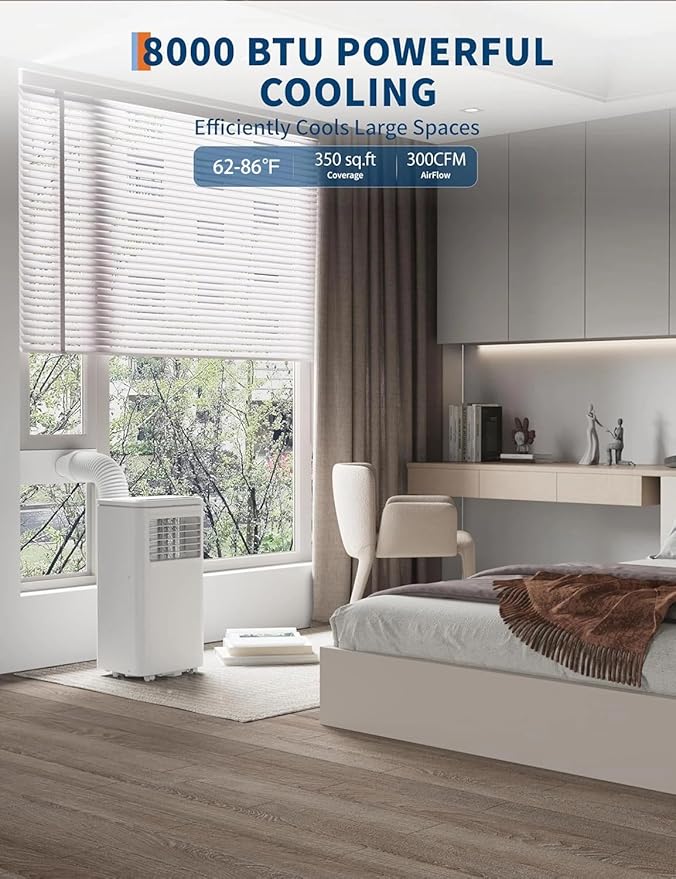 Garvee 8,000 BTU AC Unit, 3-in-1 Portable Air Conditioner with Cooling, Dehumidifier & Fan for Rooms up to 350 sq.ft, Remote Control, Sleep Mode, Timer & Window Kit
