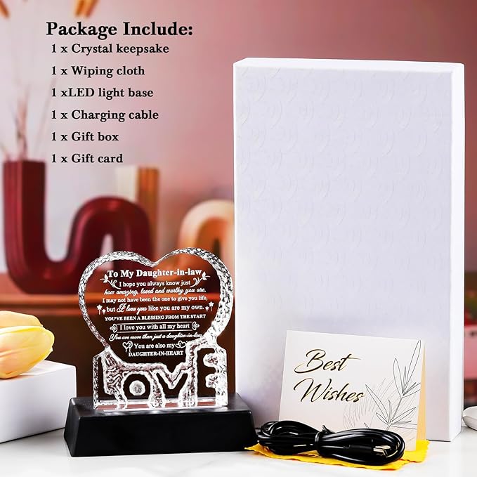 YWHL Daughter In Law Birthday Gifts with Colorful Base, Crystal Keepsake Mothers Day Wedding Gifts for Daughter in Law from Mother in Law