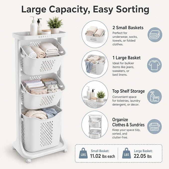 3 Tier Laundry Basket, Stackable Rolling Laundry Sorte Multi-functional Clothes Washing Storage Hamper Bin with Wheels for Bathroom, Household Kitchen (White)