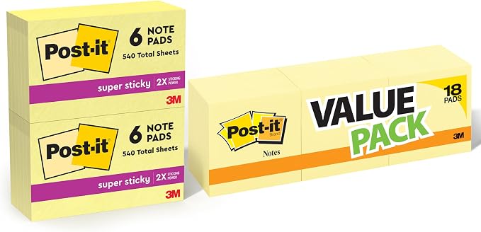 Post-it Super Sticky Notes, 3 in x 5 in & 3 in x 3 in, 12 Pads & 18 Pads, Canary Yellow, 2X The Sticking Power, Recyclable