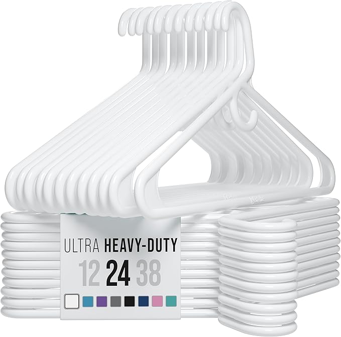 NEATERIZE Thick Heavy Duty Hangers - White Plastic Clothes Hangers 24 Pack - Great for Coat Hanger, Jackets Jeans & Suit Hanger for Closet - New Apartment Essentials Percheros Ganchos para Colgar Ropa