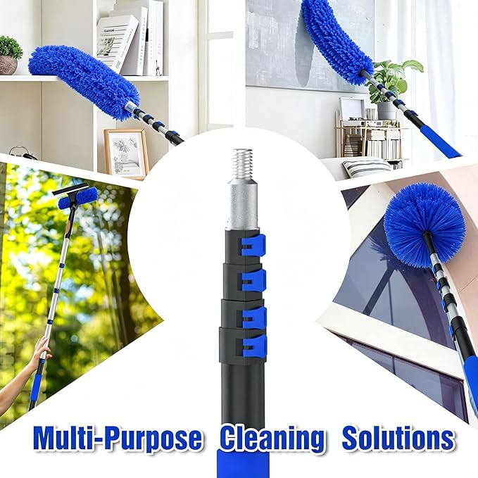 26FT Reach Duster Kit, Window Cleaning with 5-20FT Telescoping Extension Pole, High Ceiling Duster, Microfiber Feather Duster, Cobweb Duster, Window Squeegee, Feather Duster, Extendable Pole Kit