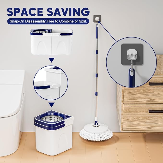 Spin Mop and Bucket with Wringer Set Two-Detachable Bucket Design Mop System, Separate Clean and Dirty Water 360° Spinning Floor Cleaning with 51" Adjustable Handle-3Mop Heads