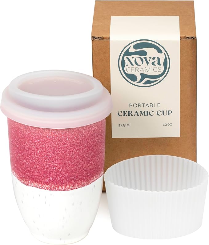 NOVA CERAMICS Travel Mugs - Ceramic Tumbler With Lid – Ceramic Travel Mug To Go Cup – Microwave & Dishwasher Safe Ceramic Coffee Tumbler - Gifts For Women Men Him Her – 12oz – Coral Pink