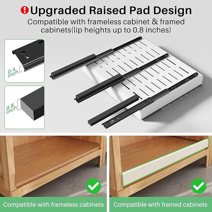 Pull out Cabinet Organizer, 4-pack, Expandable(12"-20") Heavy Duty Slide out Drawers Fixed with Adhesive Nano Film for Pots, Roll out Shelf Storage for Kitchen Base Cabinet Organization(3 Rails)