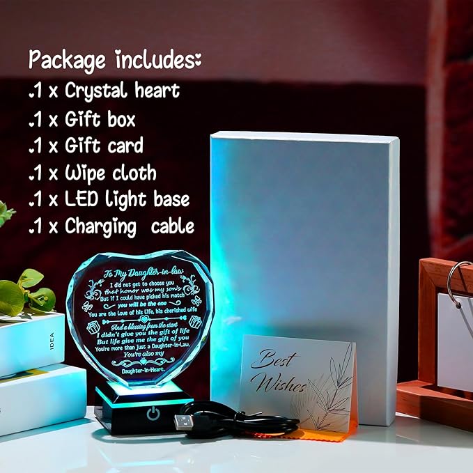 Arikyrist Mothers Day Daughter in Law Gifts Heart Crystal Keepsake with Colorful LED Light Base Daughter in Law Gifts from Mother in Law on Birthday Christmas Wedding Anniversary