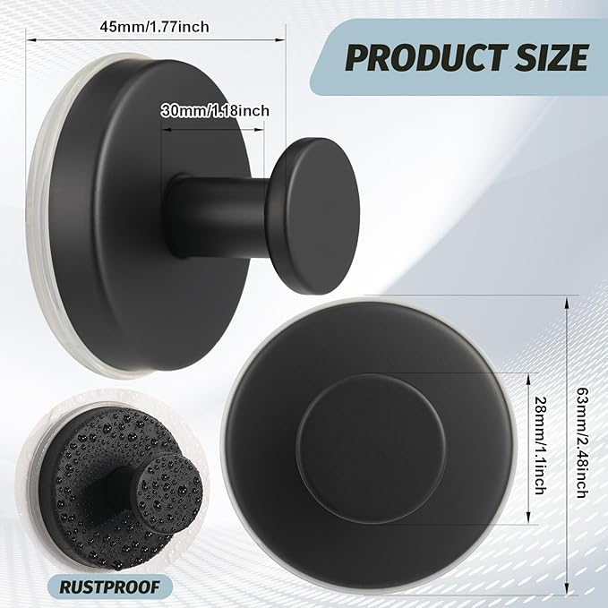 Large 15lb Suction Cup Hooks for Shower, No-Drill Bathroom Towel Hooks for Robes, Loofah, Removable Mountable on Glass, Tile, Mirrors, Smooth Non-Porous Surfaces (4, Matte Black)