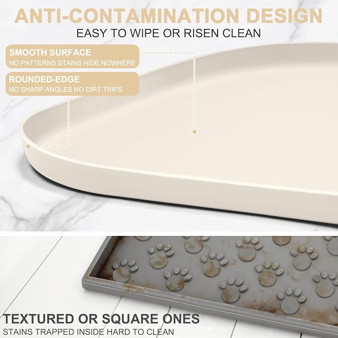 SMILOOL Waterproof Silicone Pet Food Mat with Raised Edge for Dog & Cat | 36" x 24" Non-Slip Large Pet Feeding Mats with Lip for Food & Water Bowl, Food Grade, Easy Cleaning, White Sand