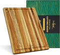 Teak Wood Board with Juice Groove & Hanging Hole (14x10x0.6") | Durable non-toxic wooden chopping & serving board for kitchen. Compact size, easy to hang & store. Gift box included