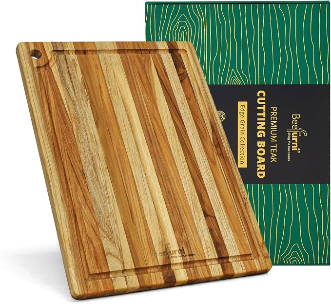 Teak Wood Board with Juice Groove & Hanging Hole (14x10x0.6") | Durable non-toxic wooden chopping & serving board for kitchen. Compact size, easy to hang & store. Gift box included