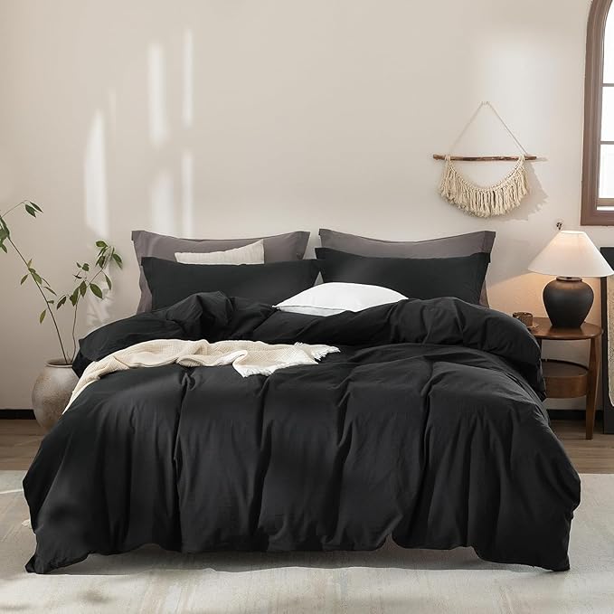 Black Duvet Cover Full Size 100% Washed Cotton Bedding Set Cover 1 Duvet Cover with Zipper Closure and 2 Pillowcases, 90inch x 80inch