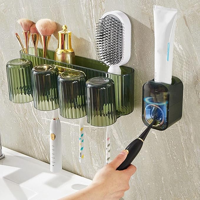 Toothbrush Rack Wall Mounted Toothbrush Holder Multifunctional Mouthwash Cup Brushing Cup Automatic Toothpaste Dispenser Squeeze Kit Bathroom Toothbrush Holder(A,Small)