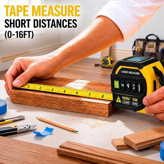 4-in-1 Digital Laser Tape Measure, 16FT Tape, 328FT Distance Meter | 33FT cross-line laser for room measurements, furniture layout, doorway clearance, picture hanging and shelf installation.