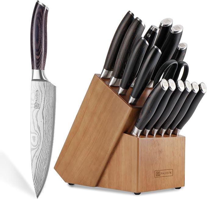 PAUDIN 17 PCS Kitchen Knife Set, Razor Sharp Knife Block Sets, Ideal Gifts | Elegant Kitchen Knife Set with Block, Knife Set with Built-in Sharpener, Dishwasher Safe