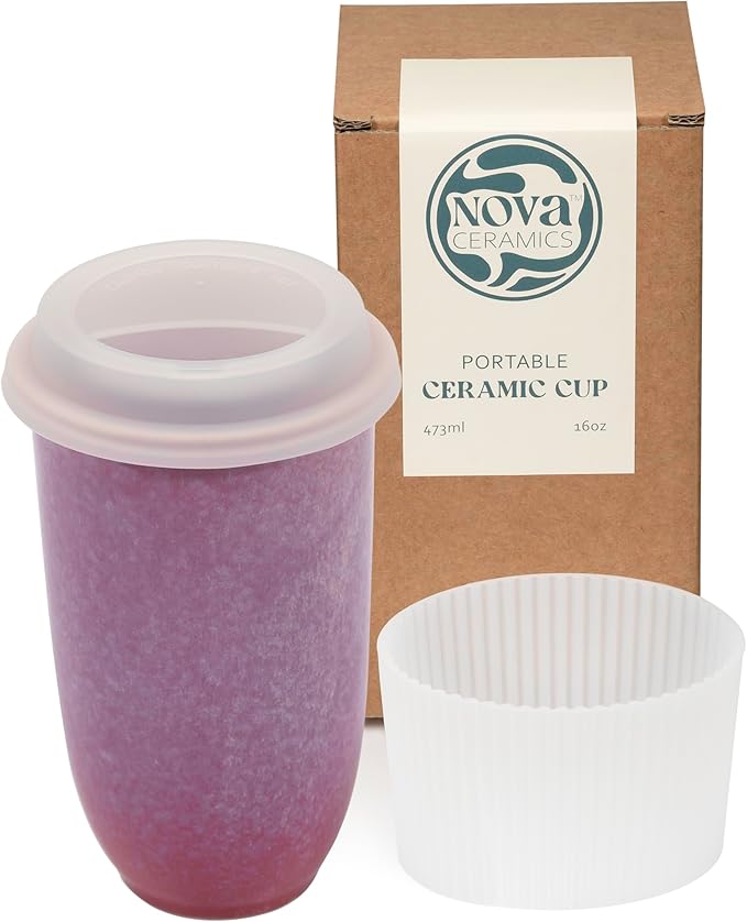 NOVA CERAMICS Coffee Travel Mug – Cup Holder Friendly Travel Mug– Microwave & Dishwasher Safe White & Purple Tumbler - Coffee Mug Fits In Cup Holder – 16oz – Astral Bloom