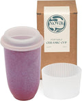 NOVA CERAMICS Coffee Travel Mug – Cup Holder Friendly Travel Mug– Microwave & Dishwasher Safe White & Purple Tumbler - Coffee Mug Fits In Cup Holder – 16oz – Astral Bloom