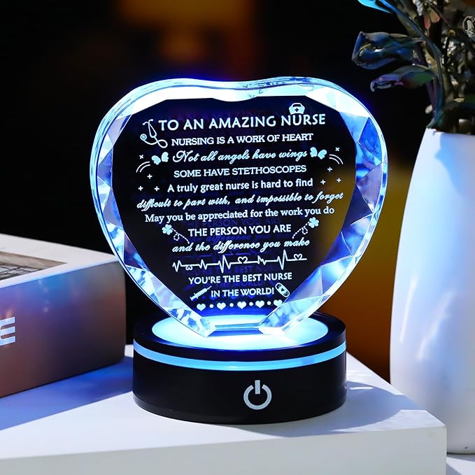 YWHL Nurse Gifts for Women with Light Base, Nurses Week Appreciation Gifts, Crystal Heart Present for Practitioner Female Nurse, Nursing School Students on Nurses Day Christmas Graduation Retirement