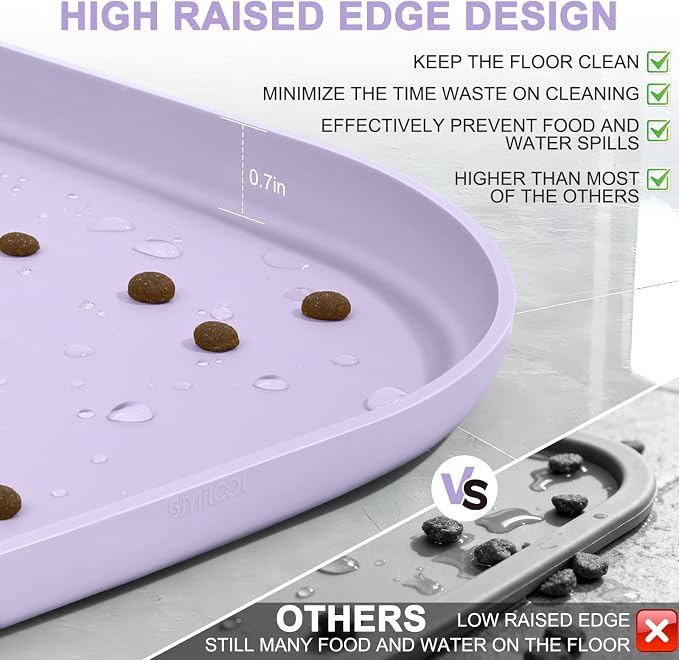SMILOOL Waterproof Silicone Pet Food Mat with Raised Edge for Dog & Cat | 12" x 12" Non-Slip Small Pet Feeding Mats with Lip for Food & Water Bowl, Food Grade, Easy Cleaning, Light Purple